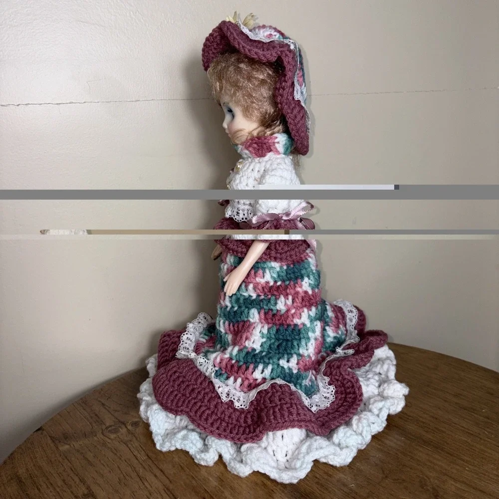 Vintage Crochet Doll Handmade Mauve Multicolor Dress